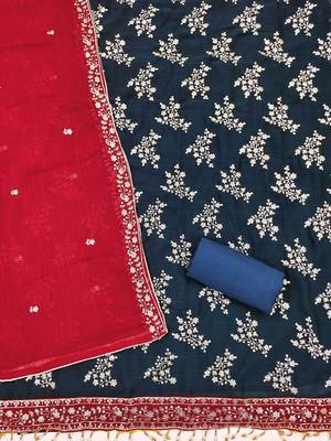 floral embroidered sequinned georgette unstitched dress material 3