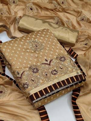 beige & brown embroidered cotton unstitched dress material 1