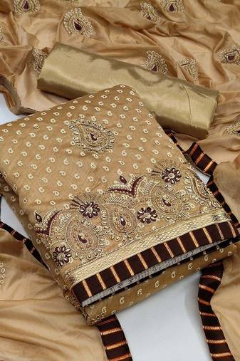 beige & brown embroidered cotton unstitched dress material