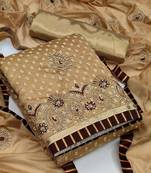 beige & brown embroidered cotton unstitched dress material