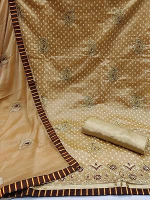 beige & brown embroidered cotton unstitched dress material 2