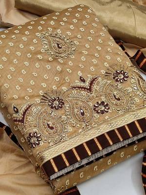 beige & brown embroidered cotton unstitched dress material 3