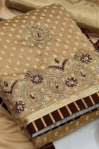 beige & brown embroidered cotton unstitched dress material