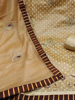 beige & brown embroidered cotton unstitched dress material 5