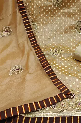 beige & brown embroidered cotton unstitched dress material