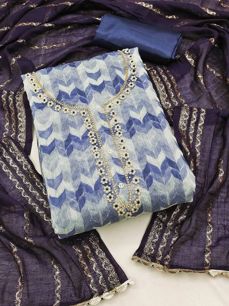 printed beads & stones unstitched dress material
