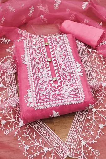 ethnic motifs embroidered organza unstitched dress material