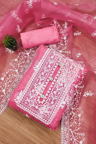 ethnic motifs embroidered organza unstitched dress material