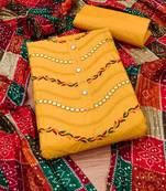 bandhani printed mirror work embroidered cotton silk unstitched dress material