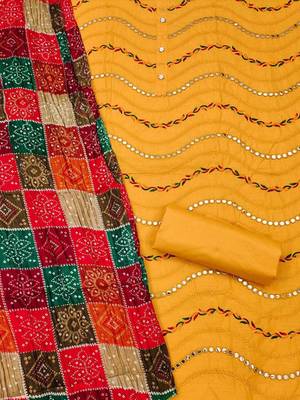 bandhani printed mirror work embroidered cotton silk unstitched dress material 4
