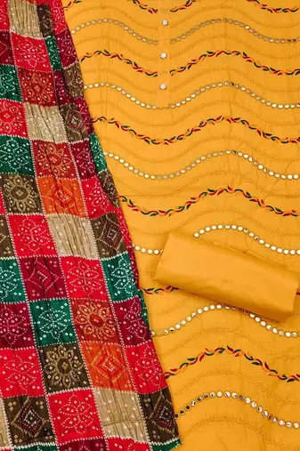 bandhani printed mirror work embroidered cotton silk unstitched dress material