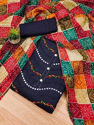 bandhani printed mirror work embroidered cotton silk unstitched dress material 1