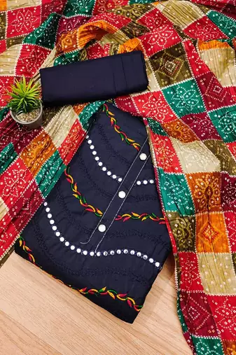 bandhani printed mirror work embroidered cotton silk unstitched dress material