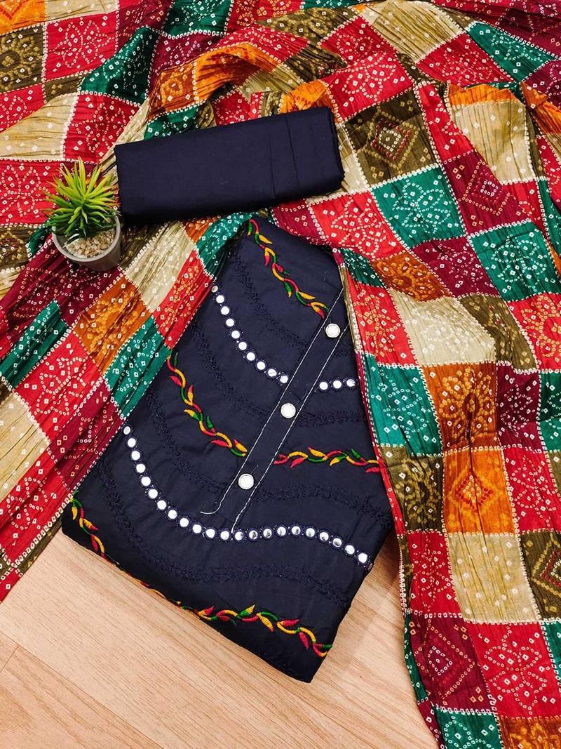 bandhani printed mirror work embroidered cotton silk unstitched dress material