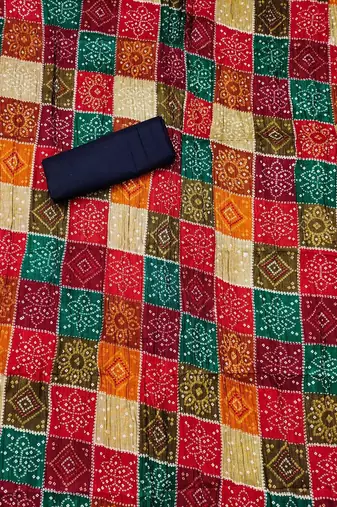 bandhani printed mirror work embroidered cotton silk unstitched dress material