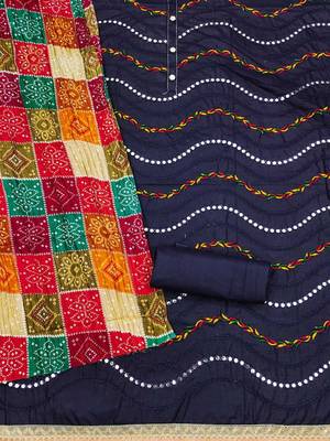 bandhani printed mirror work embroidered cotton silk unstitched dress material 4