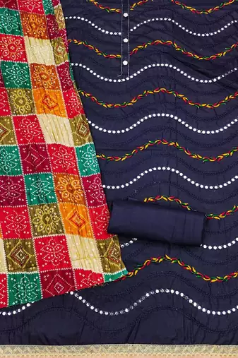 bandhani printed mirror work embroidered cotton silk unstitched dress material