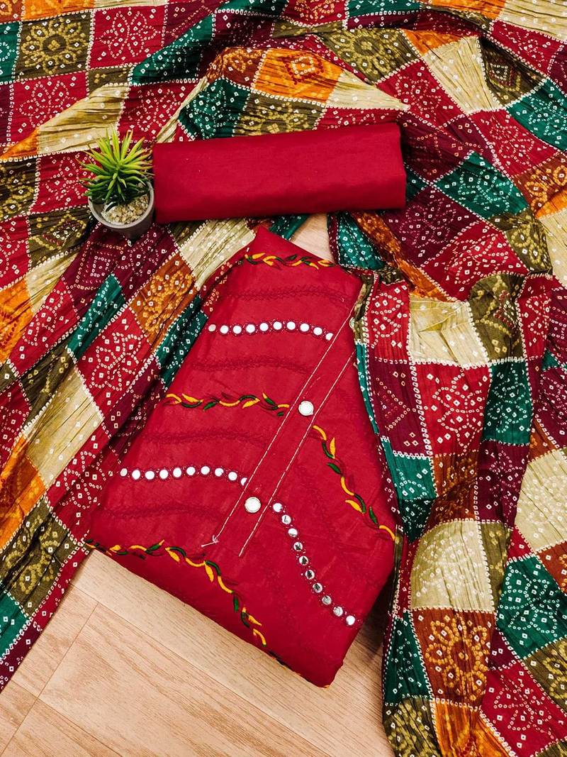 bandhani printed mirror work embroidered cotton silk unstitched dress material