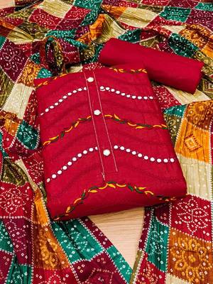 bandhani printed mirror work embroidered cotton silk unstitched dress material 2