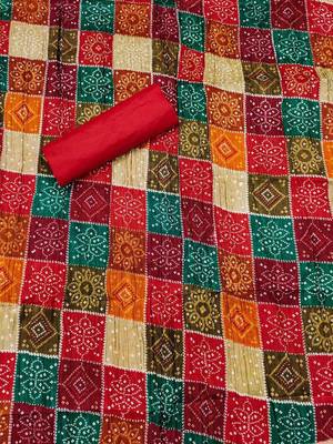 bandhani printed mirror work embroidered cotton silk unstitched dress material 3