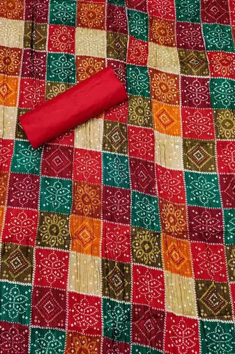 bandhani printed mirror work embroidered cotton silk unstitched dress material