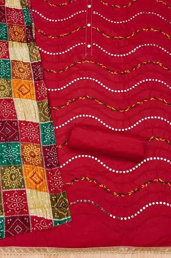 bandhani printed mirror work embroidered cotton silk unstitched dress material