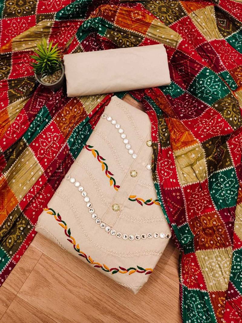 ethnic motifs mirror work embroidered unstitched dress material
