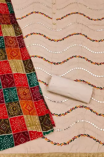 ethnic motifs mirror work embroidered unstitched dress material