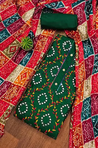 ethnic motif embroidered mirror work cotton unstitched dress material
