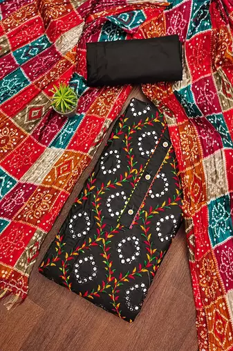 ethnic motif embroidered mirror work cotton unstitched dress material