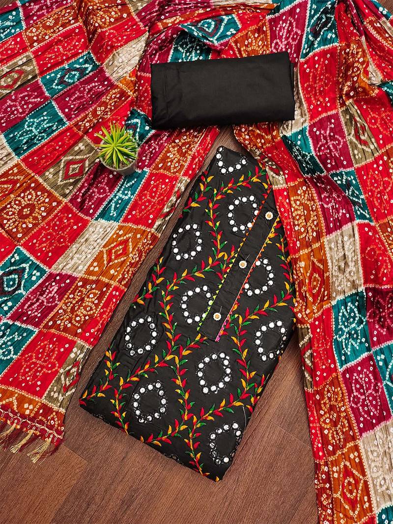 ethnic motif embroidered mirror work cotton unstitched dress material