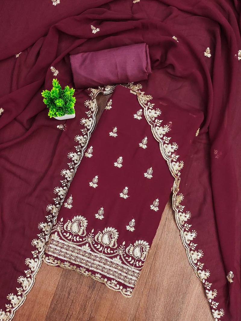 floral embroidered sequinned georgette unstitched dress material
