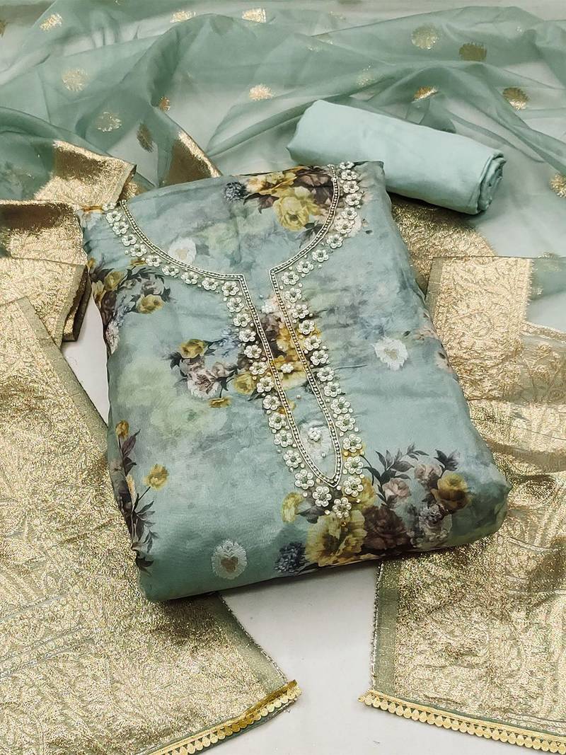 floral printed beads & stones detailed organza unstitched dress material