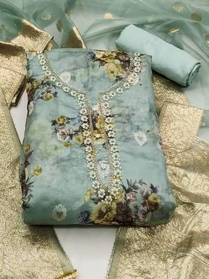 floral printed beads & stones detailed organza unstitched dress material 2