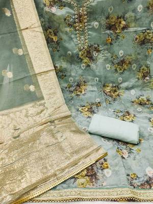 floral printed beads & stones detailed organza unstitched dress material 3