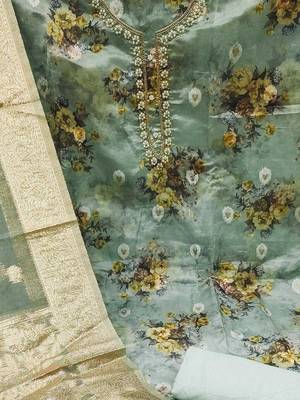 floral printed beads & stones detailed organza unstitched dress material 4