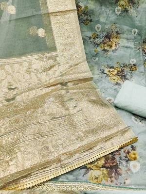 floral printed beads & stones detailed organza unstitched dress material 5