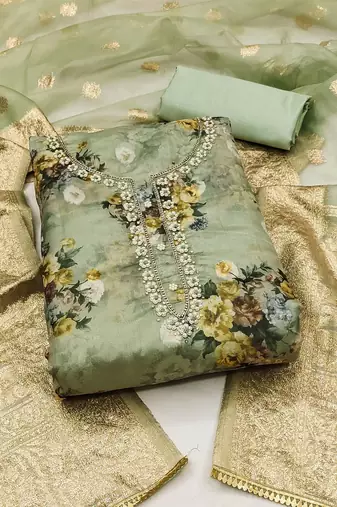 floral printed zari organza unstitched dress material