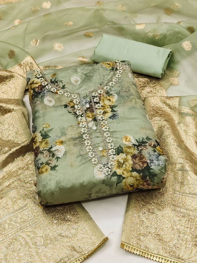 floral printed zari organza unstitched dress material