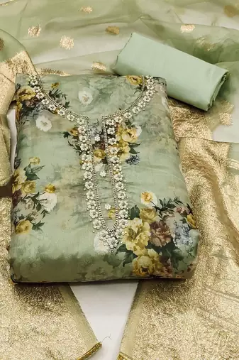 floral printed zari organza unstitched dress material