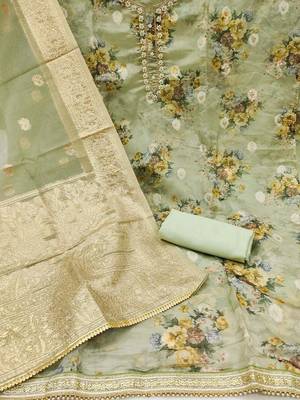 floral printed zari organza unstitched dress material 3