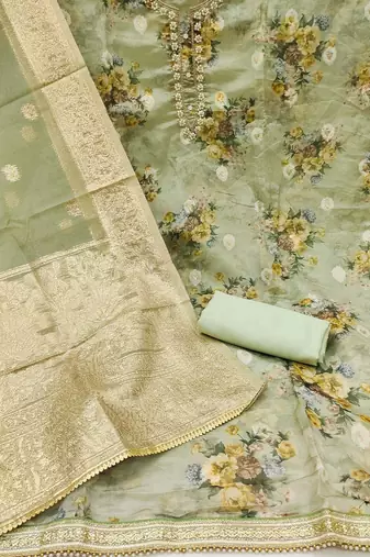 floral printed zari organza unstitched dress material