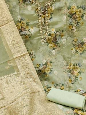 floral printed zari organza unstitched dress material 4