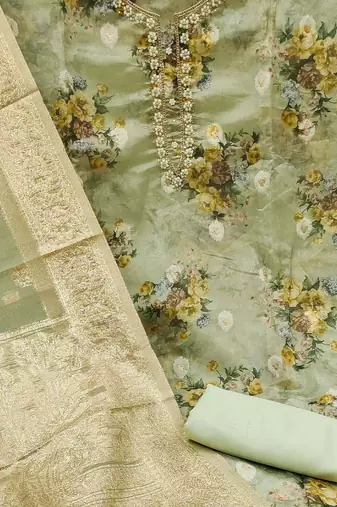 floral printed zari organza unstitched dress material