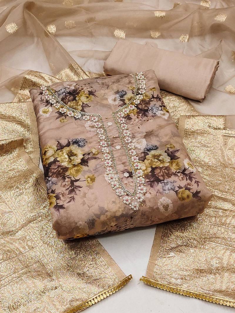 floral printed zari organza unstitched dress material