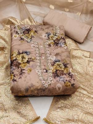 floral printed zari organza unstitched dress material 2