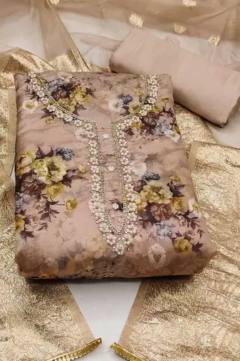 floral printed zari organza unstitched dress material
