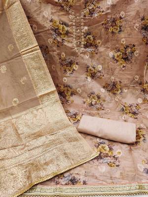 floral printed zari organza unstitched dress material 3