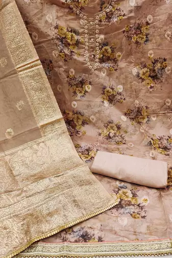 floral printed zari organza unstitched dress material