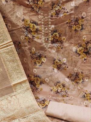 floral printed zari organza unstitched dress material 4